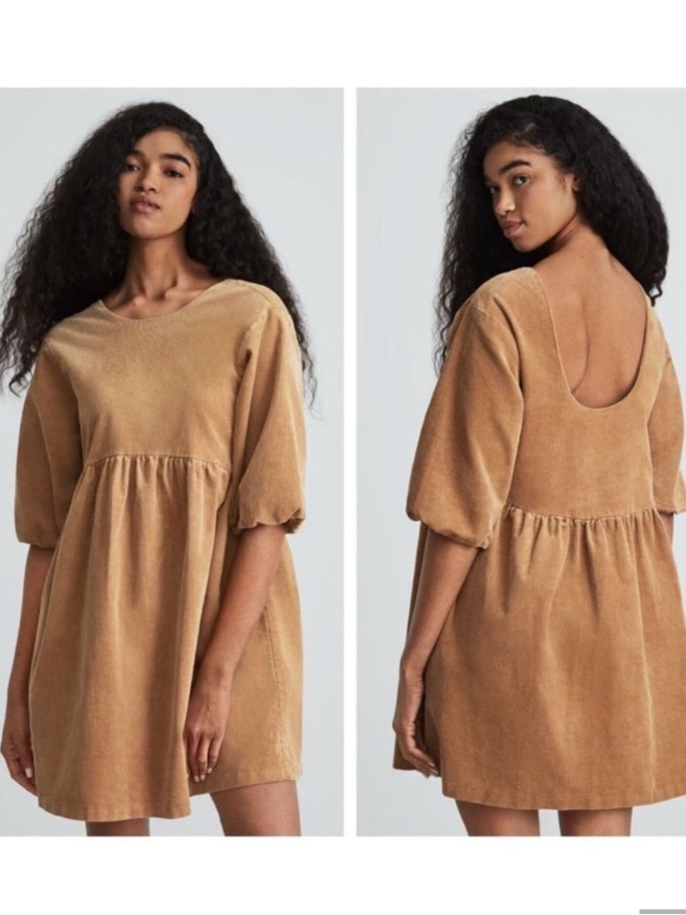 Everlane the corduroy puff sleeve scoop back mini dress in tan